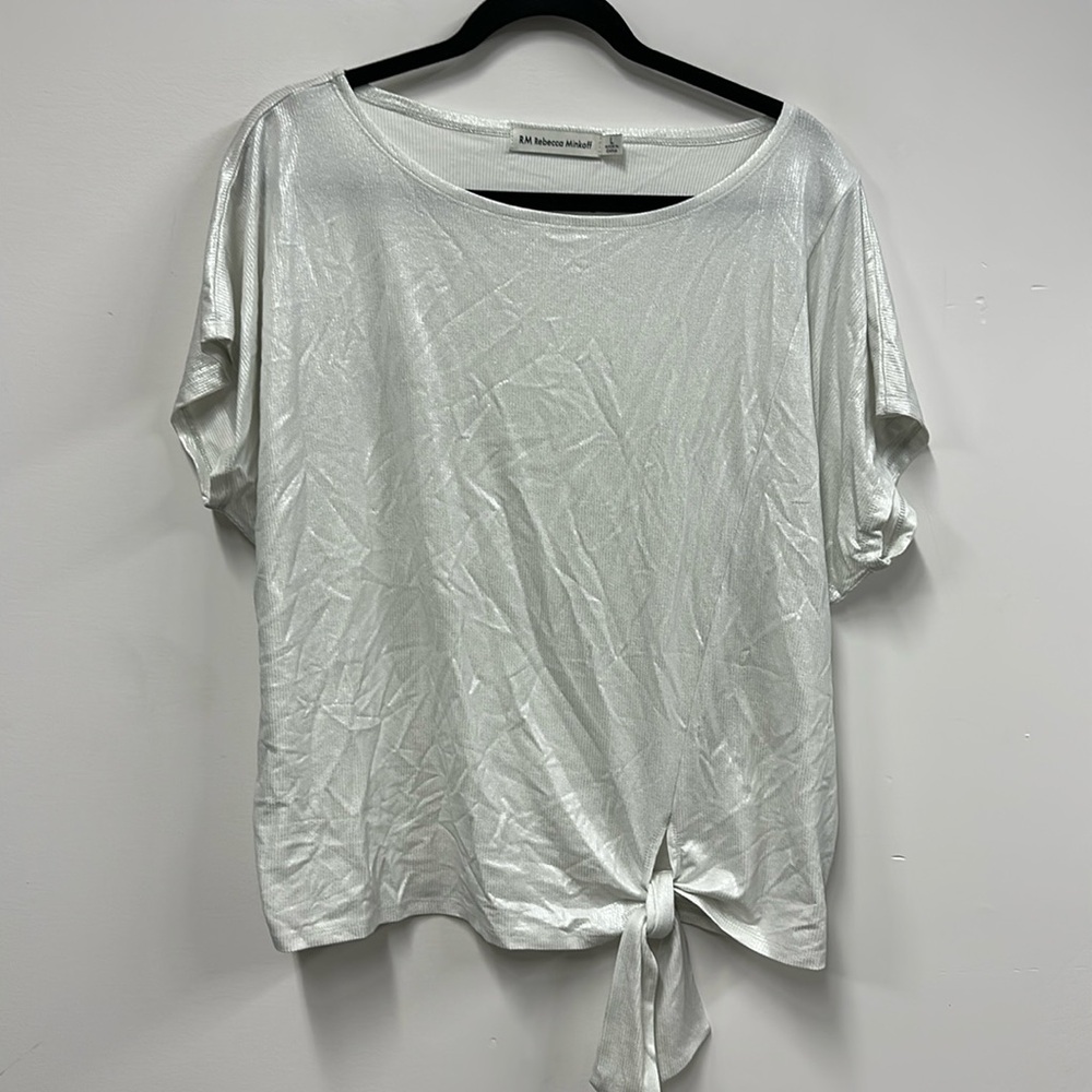 Rebecca Minkoff RM Cap Sleeve Side Tie White Metallic Knit Top L
